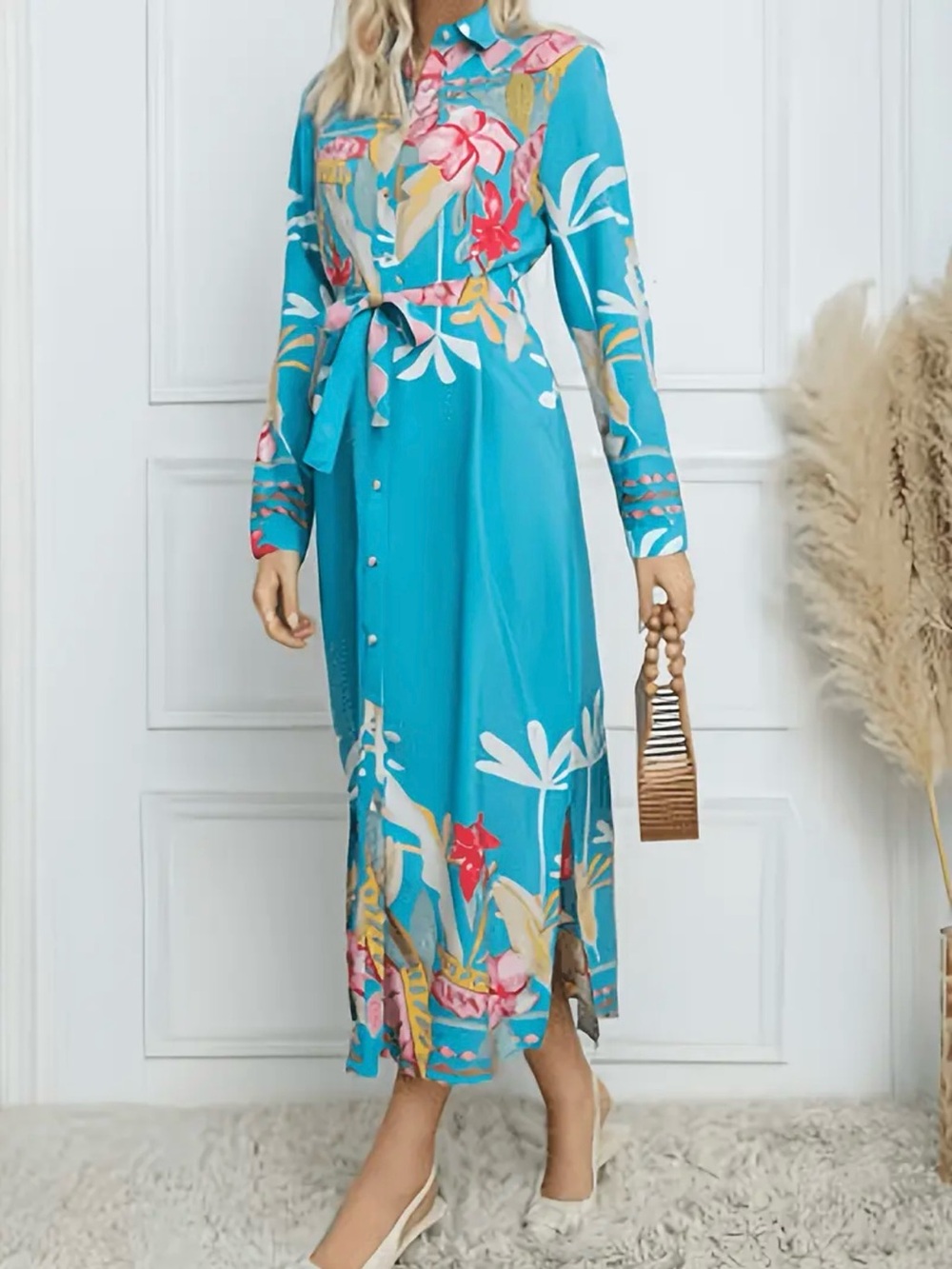 Turquoise Floral Button-Front Shirt Dress with Tie Waist